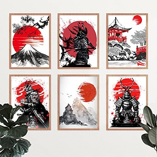 Yumknow japonez Art Art Decor - Neframed 8x10 Set de 6, decor oriental asiatic minimalist modern pentru sufragerie, Samurai