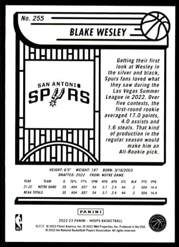 2022-23 Panini NBA Hoops 255 Blake Wesley NM-MT RC Rookie San Antonio Spurs Basketball Trading Card NBA