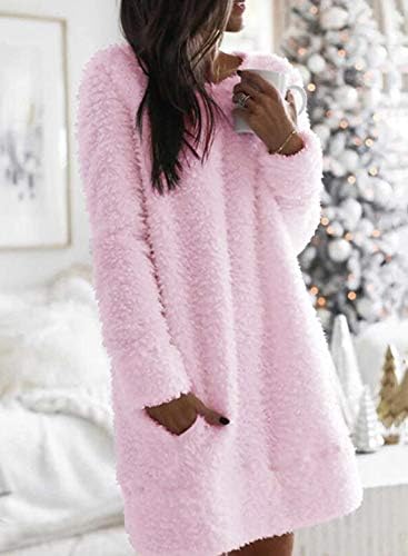 Nirovien Womens Fleece Tunic Pullover Long Sherpa Rochie Bloc de culori Panouri fuzzy