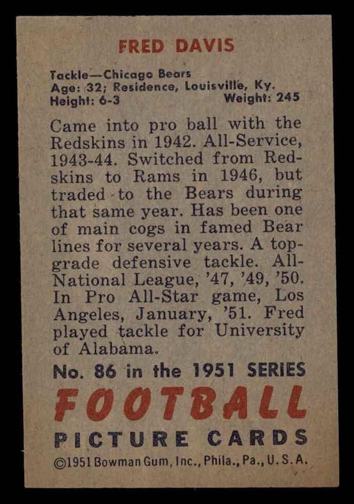 1951 Bowman 86 Fred Davis Chicago Bears NM Bears South California