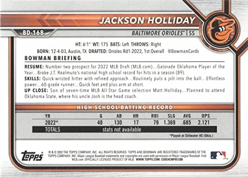 2022 Bowman Draft Baseball BD-168 Jackson Holliday Card Pre-Rookie-primul card Bowman
