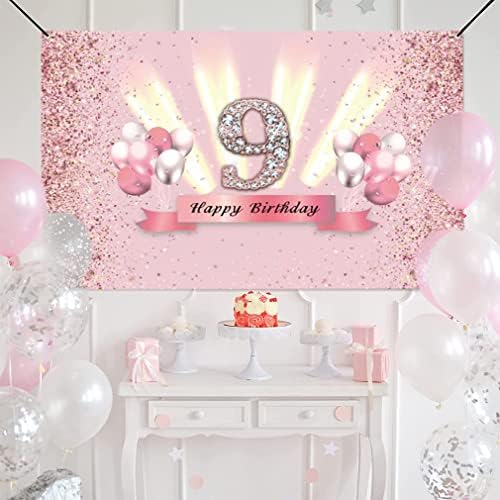 Decoratiuni de Ziua a 9-A pentru fete Happy 9th Birthday background Banner Party Deco Girl 9 ani aniversare Party Fabric Sign