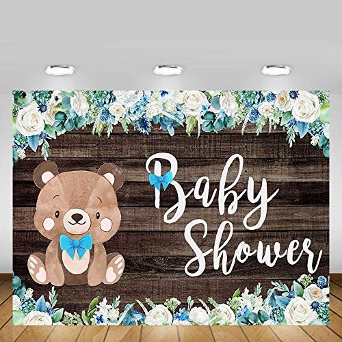 MEHOFOND 7x5ft Bear Boy Baby Shower fotografie fundal recuzită Albastru Floral Bowtie Baby Boy duș rustic din lemn fundaluri