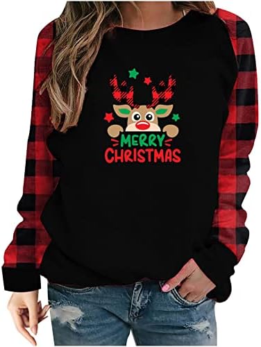 Narhbrg Topuri pentru femei Crăciun Tricou Crewneck amuzant Grafic imprimate Buffalo carouri Tricouri Xmas confortabil Vrac Pulover