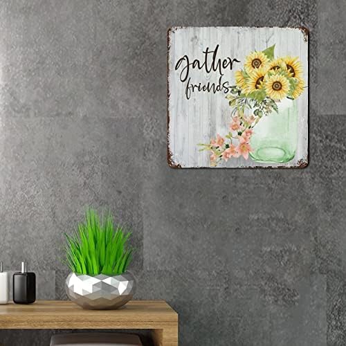 Cuvânt de familie Rustic Metal Semne Artă de perete Decordăți prieteni Floarea soarelui Vase Acuarelă Floral Inspiration Lemn