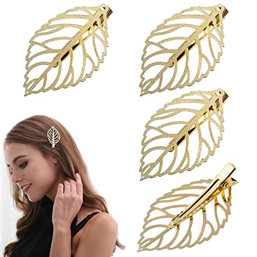 Fafahouse 4 pachet Clipuri de păr cu frunze goale pentru fete pentru femei, auriu din aliaj elegant frunze în stil rață de