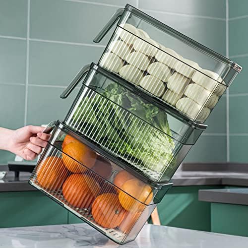 Coș organizator frigider, Organizatoare de frigider stivuibile cu placă de scurgere și mâner,recipiente de depozitare a alimentelor