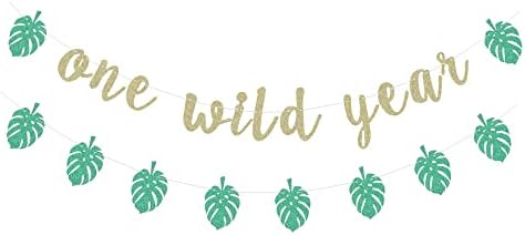 Banner de un an sălbatic cu frunze de palmier verde temă tropicală Prima petrecere de naștere Garland 1st Birthday Party Sign
