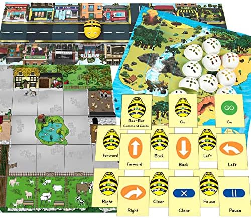 Pachetul Bee Bot Starter Pack Include 1, 1 covoraș de stradă ocupat, 1 covoraș Treasure Island, 1 covoraș de fermă, 1 Set de cărți de comandă, 10 scoici albe