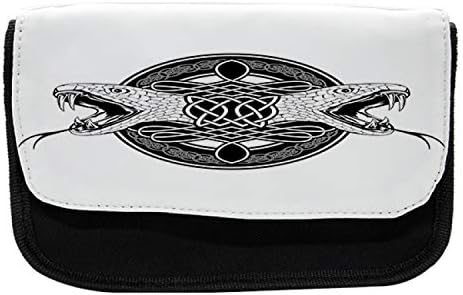 Carcasă cu creion celtic lunarabil, capete de 2 șerpi tribul, pungă de creion cu stilou din țesături cu fermoar dublu, 8,5 x 5,5, alb -negru