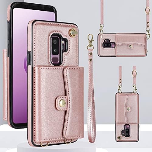 XYX portofel caz pentru Samsung S9 Plus, RFID blocare Multi-Card Slot PU piele geantă de mână pungă Flip acoperi cu Crossbody curea Curea pentru Galaxy S9 Plus, Rose Gold