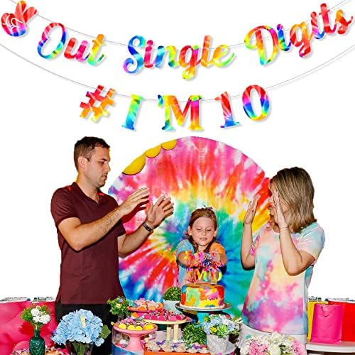 Tie Dye 10th Birthday Banner Girl, cifre duble Birthday Banner Garland cu design unic Pace Out Digits Single I Am 10 tort Topper