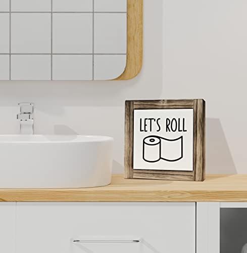 Semn de placă din lemn de toaletă amuzant, Let's Roll, Cutie Placi din lemn Decor de birou 5.9 × 5,9 × 0,7inch, raft de baie