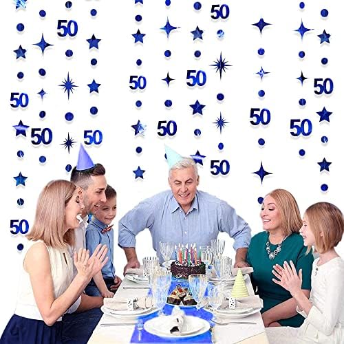 Decorații de naștere albastru bleumarin de 50 de ani Număr 50 Circle Dot Twinkle Star Garland Metalic Hanging Streamer Bunting Banner Fundal pentru 50 de ani de naștere fericită 50 de ani