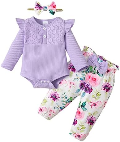 Haokaini nou-născuți sugari Baby fete haine Zburli Maneca lunga dantela Romper Top Bodysuit florale pantaloni cu bentita pentru 0-18M