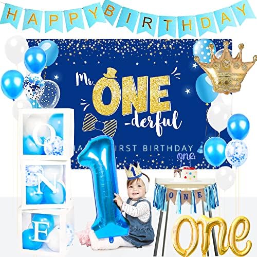 Fvabo 1st Birthday Decorations Boy-first Birthday baby Boy Decorations includ cutie cu baloane, fundal, Coroană, Banner, Banner cu scaun înalt, Topper, pentru consumabile pentru petreceri pentru băieți de primul an
