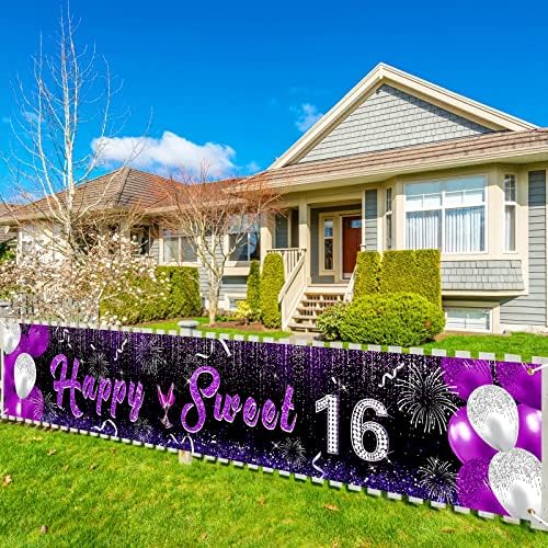 Purple 16th Birthday Decorations Banner pentru fete Happy Sweet 16 Birthday Yard Banner Negru violet și argintiu 16th Birthday